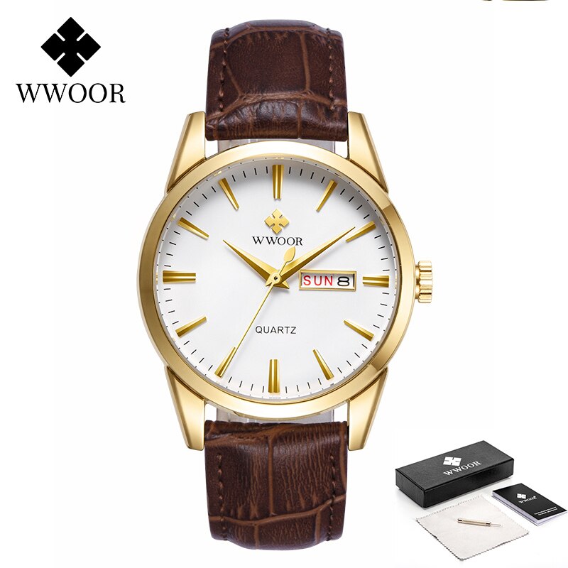 Reloj de pulsera WWOOR de marca famosa para hombre, relojes de cuarzo analógicos con fecha de día, reloj de pulsera informal de cuero para negocios y deportes de lujo, reloj masculino