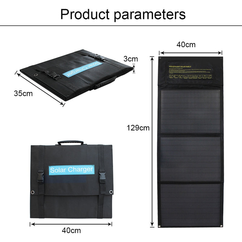 Panel solar plegable de carga rápida, 50w, 60w, 18v, puerto usb dual, puerto CC, cargador solar para tableta, teléfono, computadora portátil
