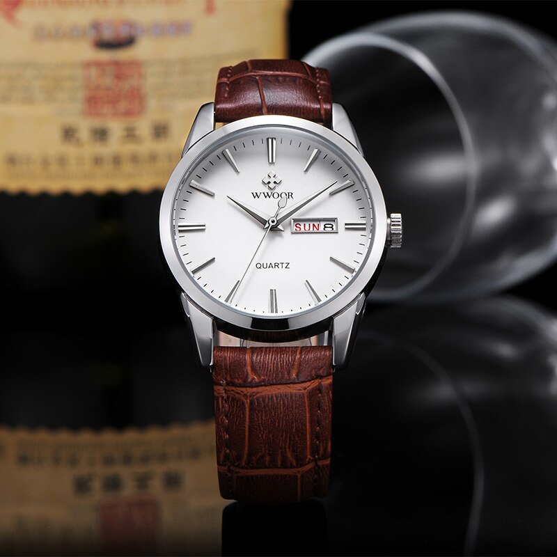WWOOR Berühmte Marke Herrenuhr Tag Datum Analoge Quarzuhren Luxus Sport Business Leder Casual Armbanduhr relogio masculino