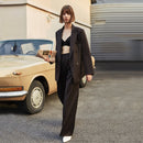 AEL Vintage Autumn Women Pant Suit Dark Brown Loose Blazer Jacket Wide Leg Pants Office Sets (pants and blazer sold separately)