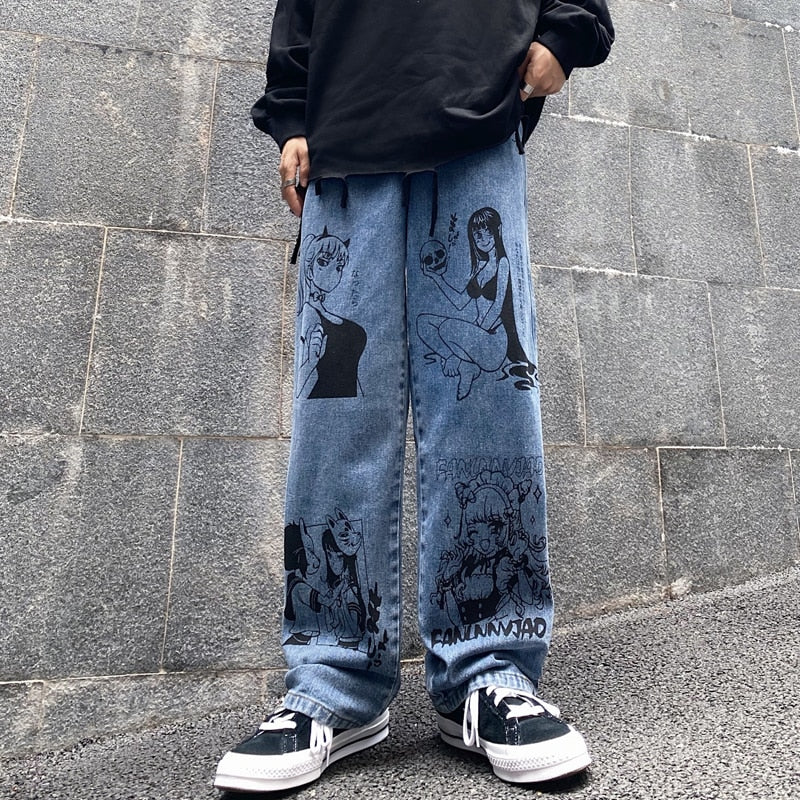 Vintage Washed Jeans Women Streetwear Jeans Harajuku Cartoon Anime Print Jeans Fashion Girl Jeans Loose Wide Leg Pants Cotton