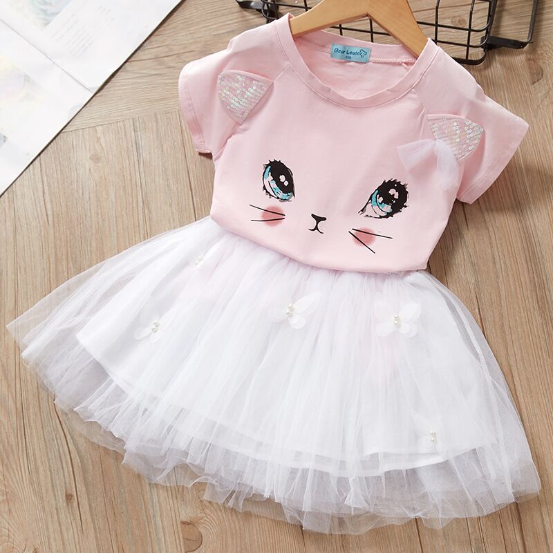 Summer Baby Girls Princess Dress 2pcs Set Cute Cartoon Cat Print T-shirt Top+Mesh Tutu Skirt Toddler Kids Outfits Clothes