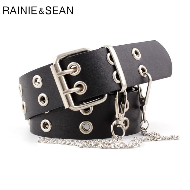 RAINIE SEAN Punk Rock Leather Belts for Women Black Coffee Chain Female Pin Buckle Belt Streetwear Belt Cinto 107cm