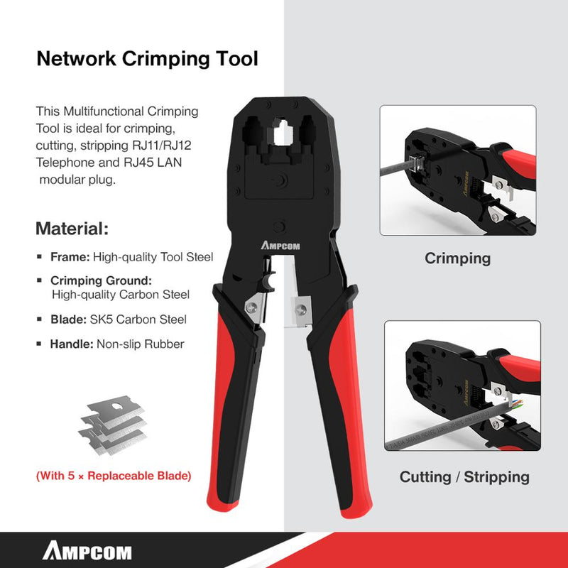 Network Tool Kit, AMPCOM 12 in 1 Professional Portable Ethernet Computer Maintenance LAN Cable Tester Crimper Cutter Repair Set