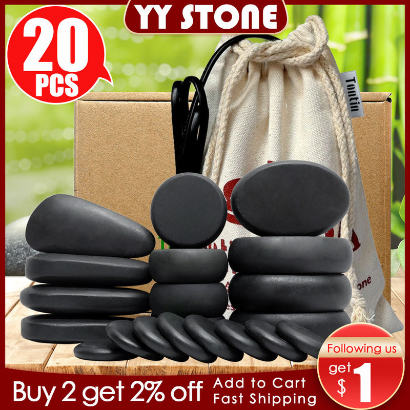 Tontin 20pcs/set Hot Stone Massage Set Heater Box Relieve Stress Back Pain Health Care Lava Basalt round massage tool Stones