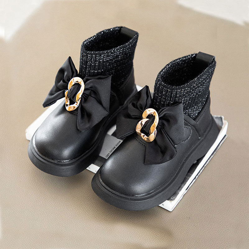 Little Kid Knit Ankle Pu Boots For Girl Metal Buckle Bow Shoes Slip On 2021 Winter Short Plush Warm Bbay Child Boot Size 21-30