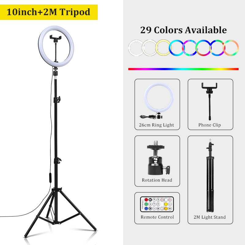 RGB-LED-Ringlicht mit Ständer, bunte Beleuchtung, 29 Farblicht, 3 normale Modi, dimmbares Selfie-10-Zoll-Ringlicht für Youtube-Video