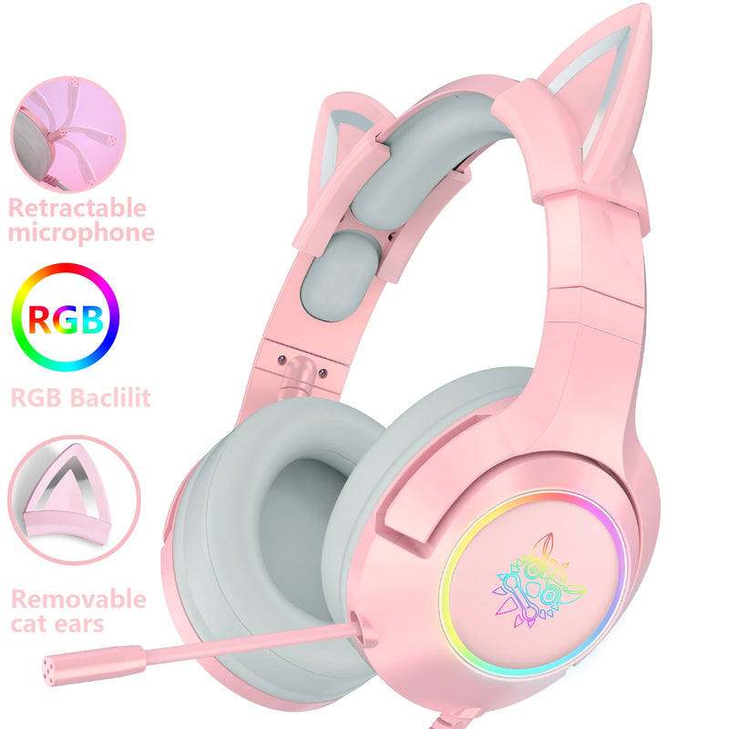 RGB Gaming 7.1 Stereo-Kopfhörer Rosa Headset Abnehmbares Katzenohr USB-Kabel mit Mikrofon-Rauschunterdrückung Für PS4/Xbox ein süßes Mädchen