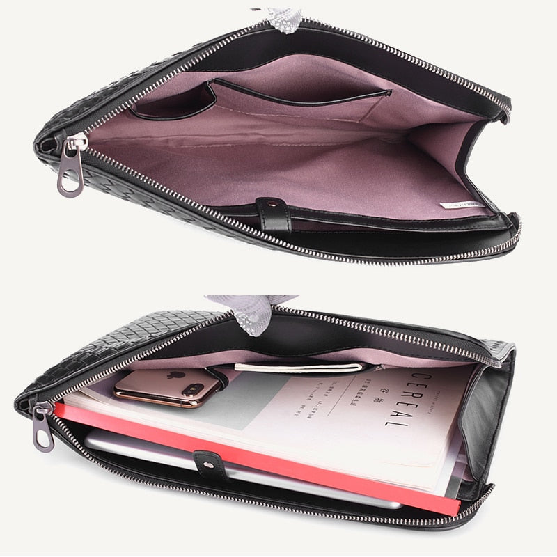 Business-Männer-Clutch-Tasche 100 % echtes Leder Schaffell gewebte Luxusmarke Umschlagtasche Multifunktions-Großraum-A4-Papier