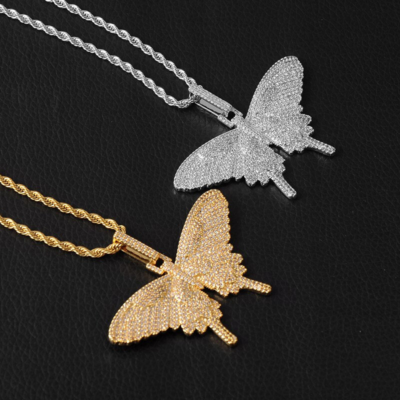 D&Z New Full Iced Out Butterfly Wings Pendant Necklace Solid Back Pendant Gold Silver Color Hip Hop Charm Chain Jewelry