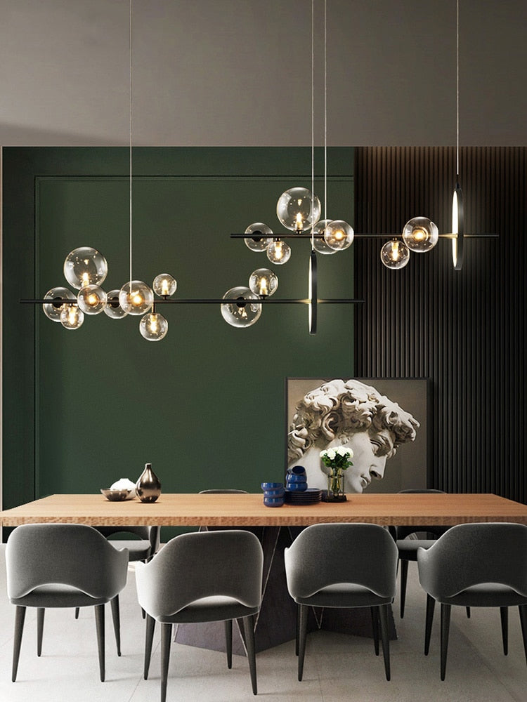 Schwarzer LED-Kronleuchter, klare Glaskugel, moderne lange Pendelleuchte für Esszimmer, Bar, Restaurant, Café, Büro, Hängeleuchte