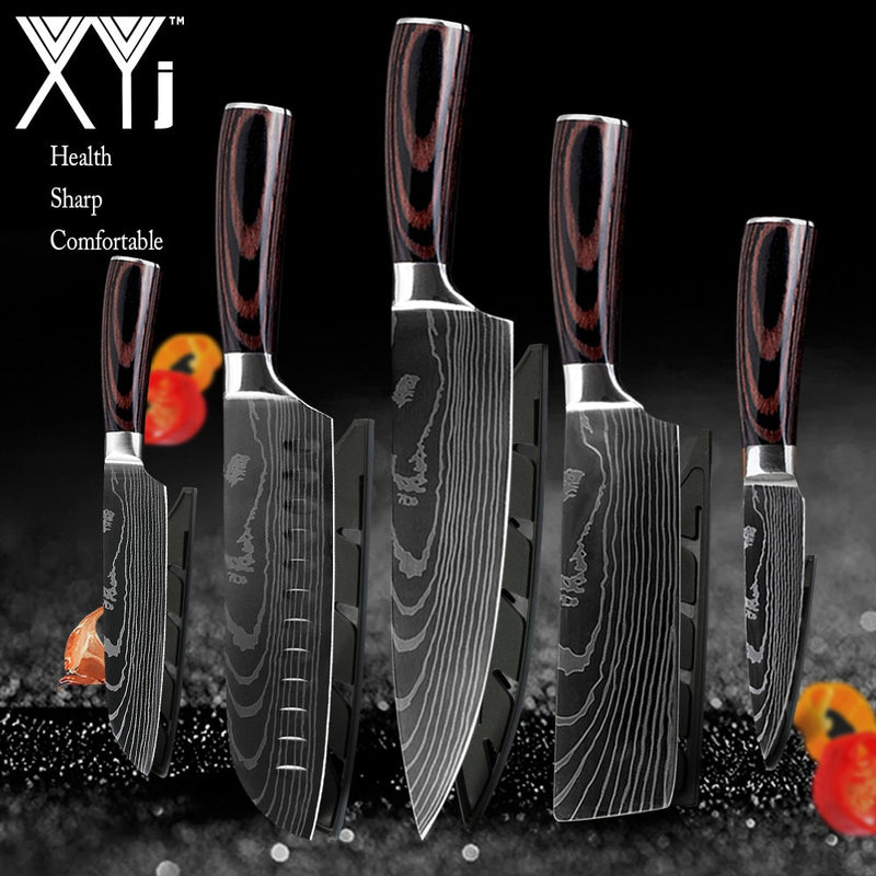 Cuchillos de cocina japoneses de acero inoxidable, patrón de Damasco láser, Chef Santoku Cleaver, utilidad para rebanar, cuchillos para deshuesar Gyuto