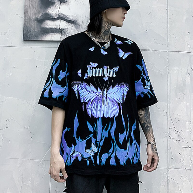 Flamme Schmetterling Druck Kurzarm T-Shirt Hip Hop Herren T-Shirt 2020 Neuer Sommer Übergroße Baumwolle Lose Top Trend Design Dropship