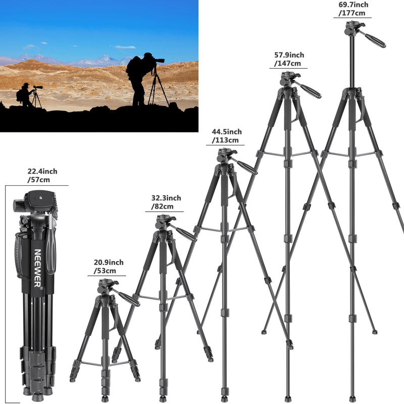 Trípode de cámara Neewer, monopié de aleación de aluminio con cabezal giratorio de 3 vías, bolsa de transporte para Sony/Canon portátil de 70 pulgadas/177 cm