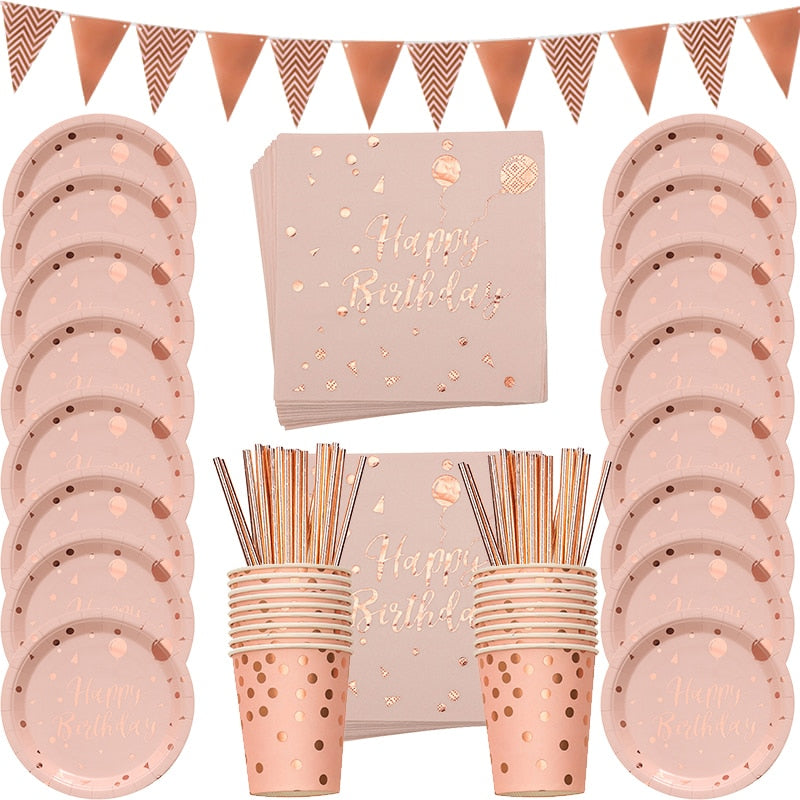 78pcs/set Rose Gold Happy Birthday Decor Girl Disposable Tableware Set Paper Plate Hot Stamping Adult Birthdy Party Supplies