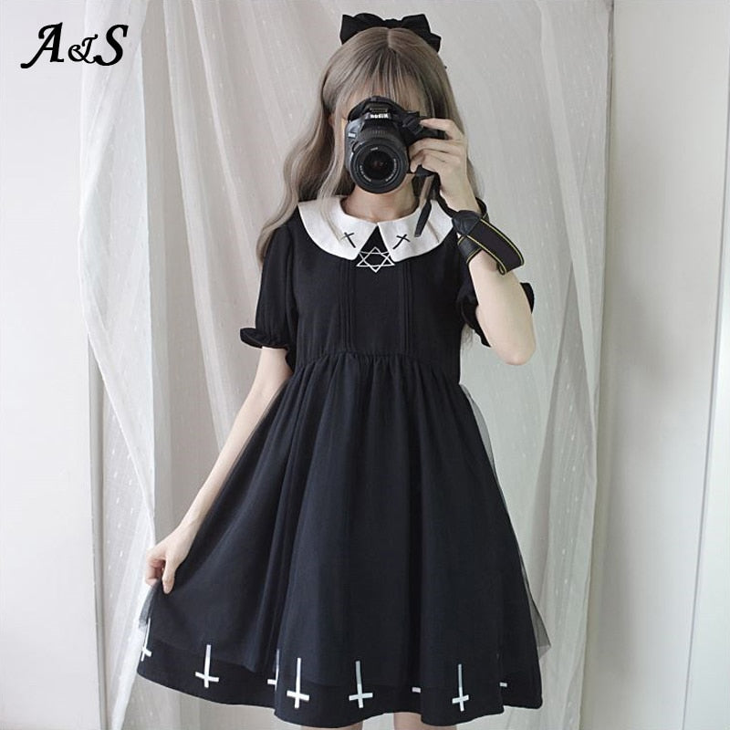 Gothic Lolita Dress Harajuku Fashion Cross Cosplay Female Dress Japanese Soft Sister Style Star Tulle Dress Cute Girl Streetwear