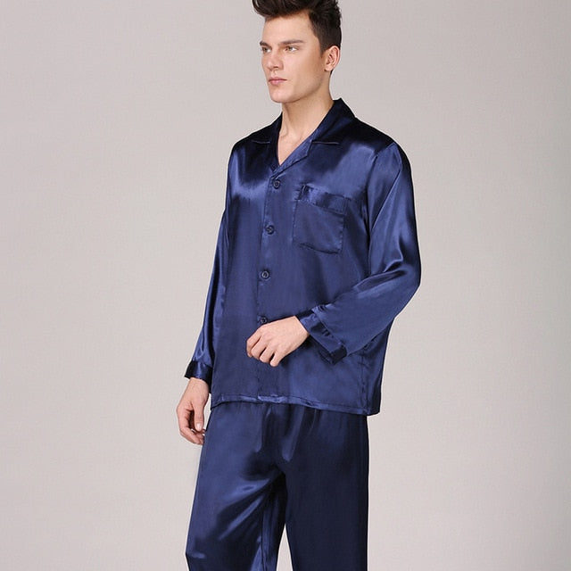 Conjunto de pijama de seda manchada de primavera para hombre, pijama para hombre, ropa de dormir de estilo moderno, camisón de seda para el hogar, satén suave y acogedor para dormir