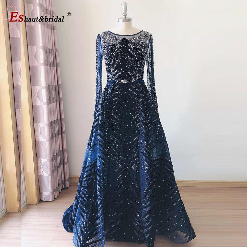 Elegant Mermaid Evening Night Dress for Women 2023 V-Neck Long Sleeves Velvet Crystal Plus Size Formal Wedding Prom Party Gowns