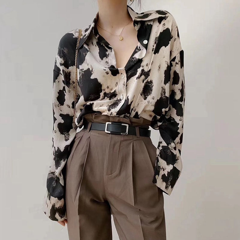 Cow Print Button Up Shirts Women Long Sleeve Blouse Korean Fashion Clothes Chiffon Streetwear Plus Size Tops Spring New 13486