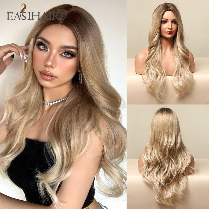 EASIHAIR Long Body Wave Light Brown Wigs with Blonde Highlights Middle Part Cosplay Heat Resistant Synthetic Hair Wigs for Women