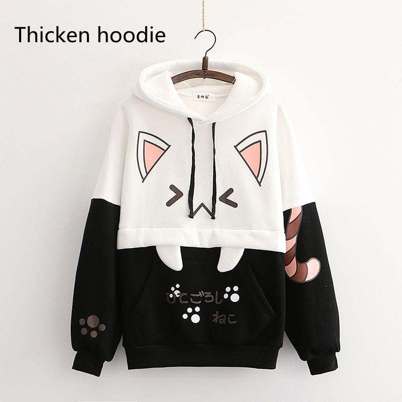 Harajuku Kawaii Women Cute Hoodie Black Pink Long Sleeve Graphic Cat Ear Funny Anime Teen Girls Pullover Vintage Sweatshirt 2021