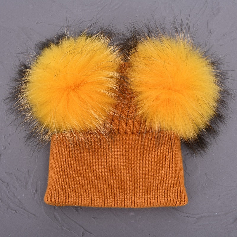 Double Real Raccoon Fur Pompom Hat Women Winter Caps Knitted Wool Hats Skullies Beanies Girls Female Two Fur Pom Pom Beanie Hat