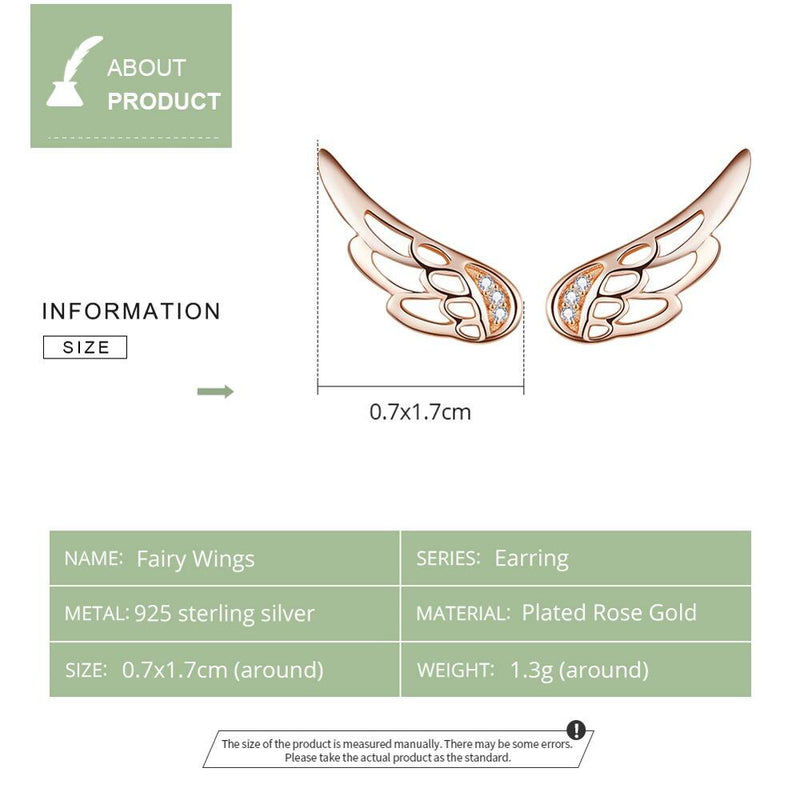 WOSTU Genuine 925 Sterling Silver Fairy Wings Stud Earrings For Women Rose Gold Earrings Wedding Engagement Jewelry CQE343-C