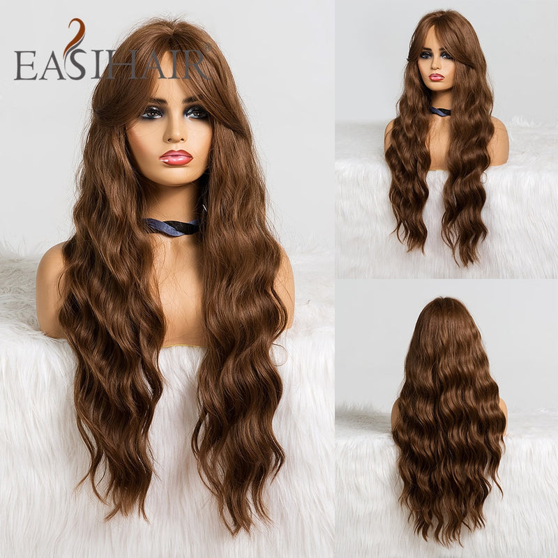 EASIHAIR Long Ombre Brown Wavy Synthetic Wigs for Women Wigs with Bangs Heat Resistant Blonde Cosplay Wigs Daily Natural Hair