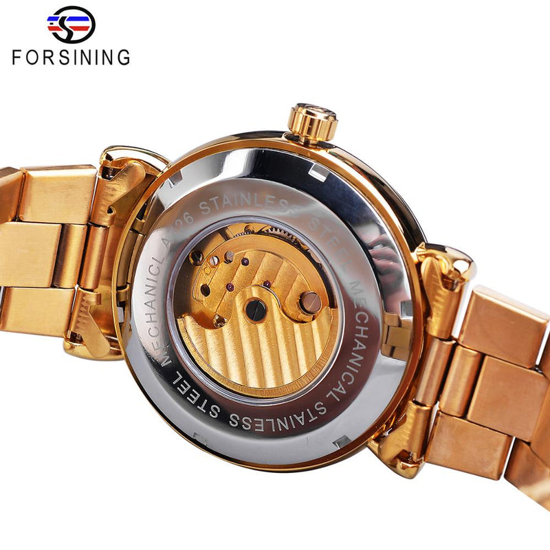 Forsining, reloj mecánico automático de negocios, reloj para hombre, fase lunar dorada, correa de acero, relojes de pulsera, marca superior, reloj Masculino
