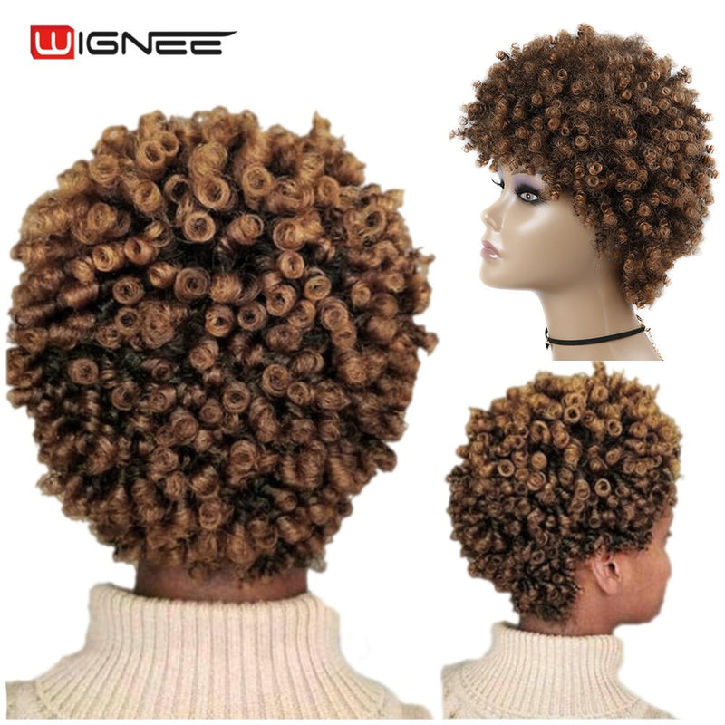 Wignee Kurzes Haar Synthetische Perücken Afro Kinky Curly Hitzebeständig für Frauen Gemischte Braune Cosplay Afrikanische Frisuren Tägliche Haarperücke