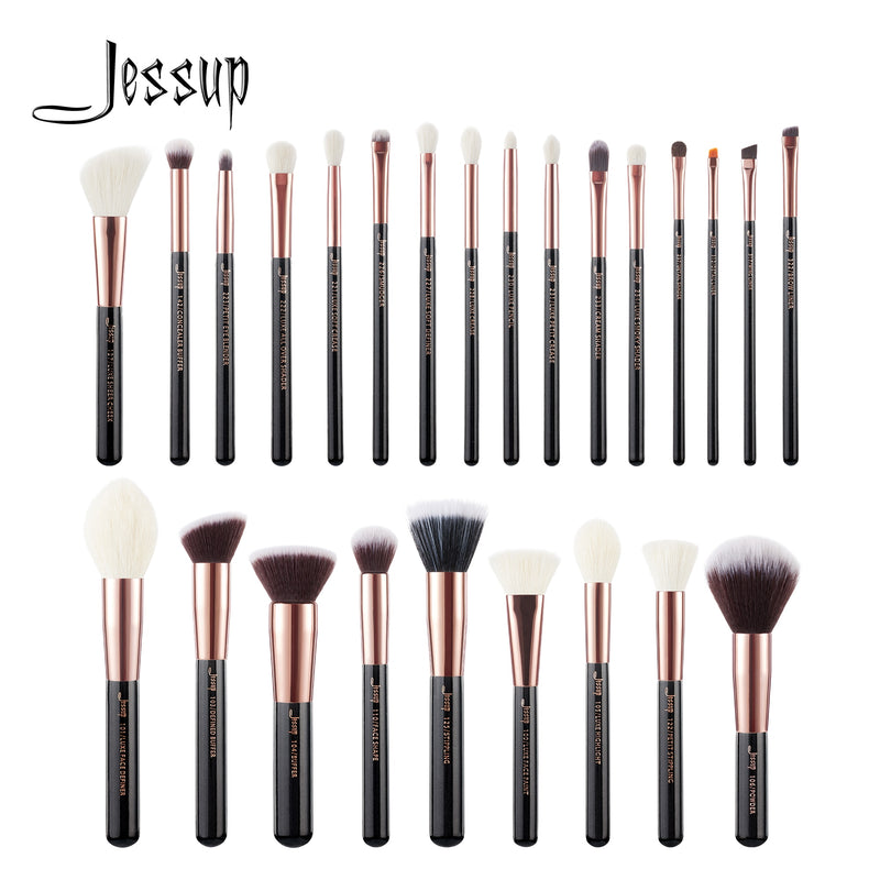 Jessup-Juego de brochas de maquillaje, 6-25 uds., negro/oro rosa, base en polvo, línea de sombra de ojos, resaltador, corrector, licuadora, juego de cosméticos