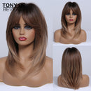 Medium Length Ombre Brown to Blonde Straight Hair Wigs with Bangs Synthetic Wigs for Women Cosplay Heat Resistant Natural Wigs