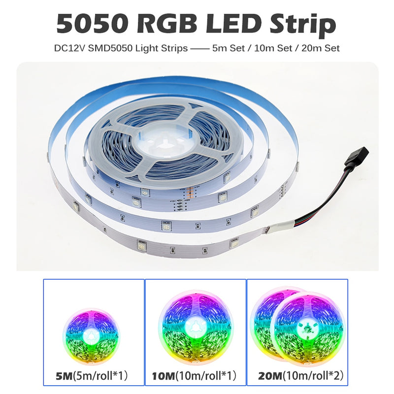 Tira de luces LED RGB 5m 10m 20m 5050 RGB Cambiable DC12V Cinta LED flexible WiFi / Bluetooth / Control de música Tira LED RGB.