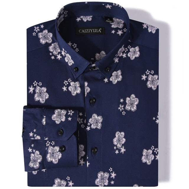 Men's Fashion Long Sleeve Floral Printed Shirts Worn-in Comfortable Standard-fit Casual Thin Button-down Collar Tops Shirt