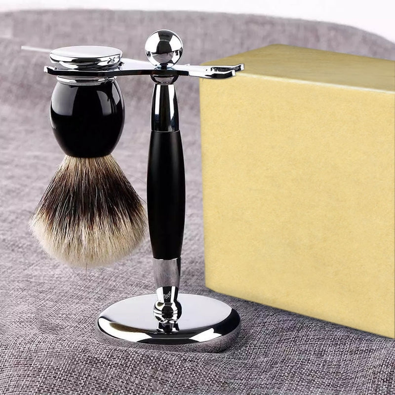 Shaving Brush and Stand, Pure Silvertip Badger Hair Brush Set 22mm Stainless Steel Shaving Stand,Black Resin Alloy Handle Gift