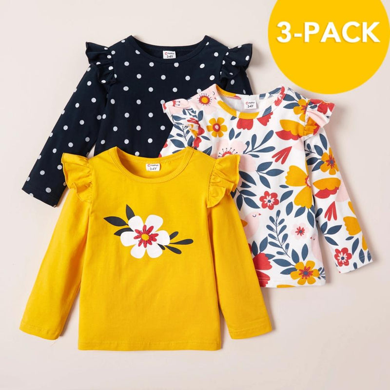 PatPat 3er-Pack Mädchen T-Shirt 3 Stück T-Shirts Herbst und Frühling Blumen Punkte Langarm Top Tee Sets Kinderkleidung