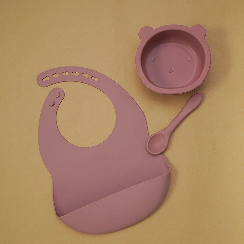 BPA Free Baby Silicone Tableware Waterproof Bib Flexible Saliva Towel Solid Color Sucker Bowl And Spoon For Children