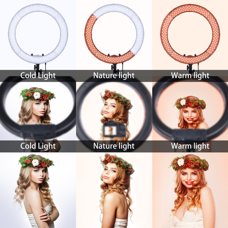 FOSOTO RL-18 iluminación de fotografía lámpara de anillo regulable lámpara de anillo de cámara luz de anillo Led con soporte de trípode para maquillaje de Youtube de teléfono