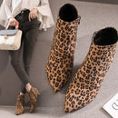 Boots Women Autumn Ankle Boots Sexy Flock High Heels 7CM Point Zipper Leopard Half Short Winter Boots Female Adult Shoes