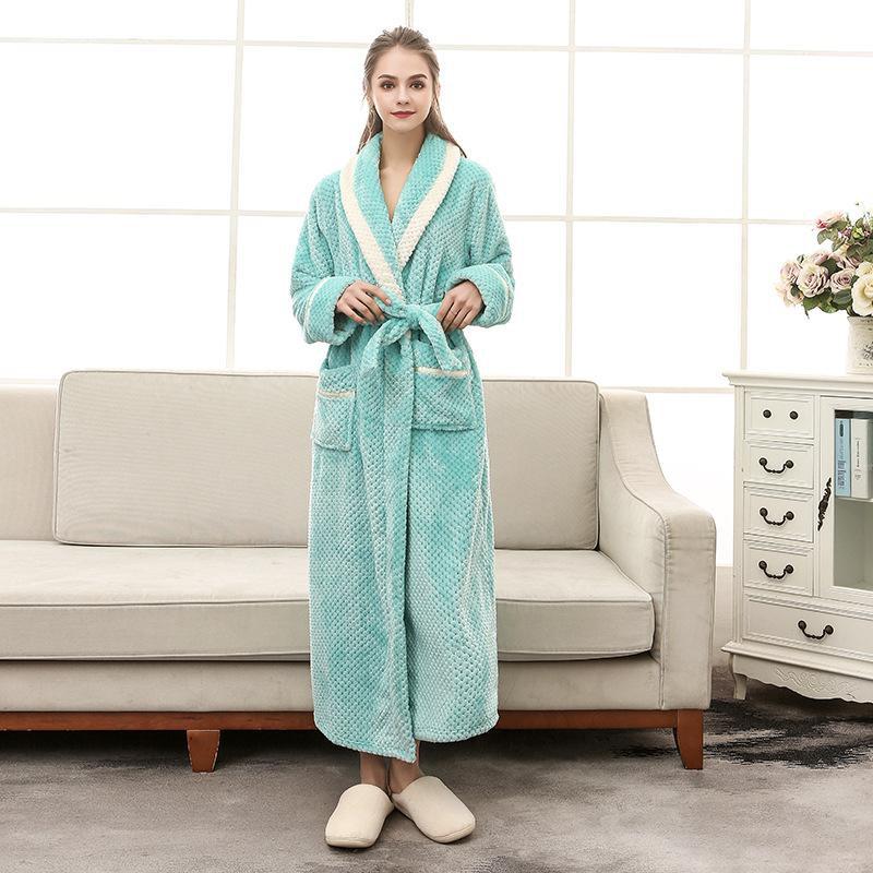 Men Plus Size 3XL Flannel Kimono Bath Gown Ultra Long Large Robe Coral Fleece Nightgown Lovers Couple Thick Warm Sleepwear MR001