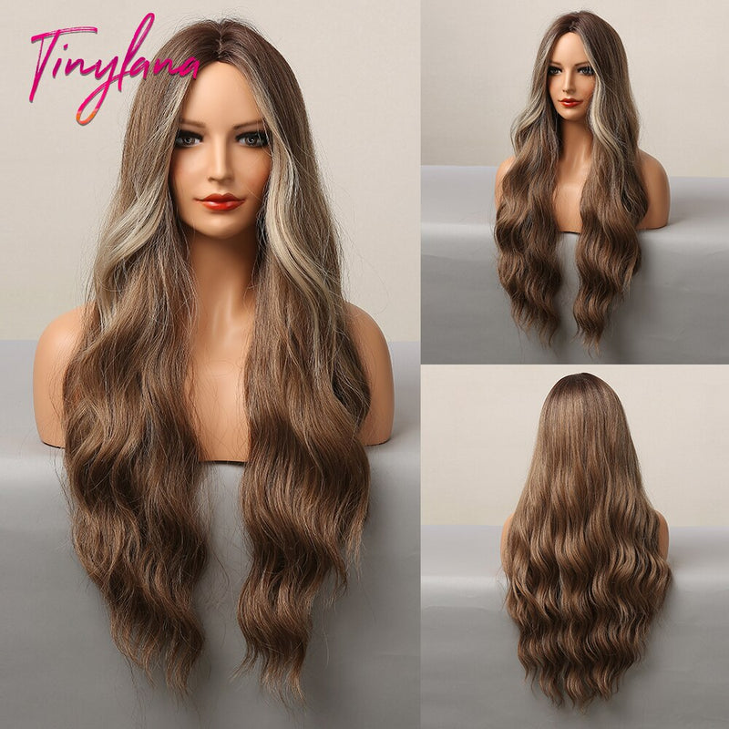 Long Synthetic Brown Blonde Water Wavy Gloden Highlight Wigs Middle Part Heat Resistant Cosplay Natural Hair for Black Women