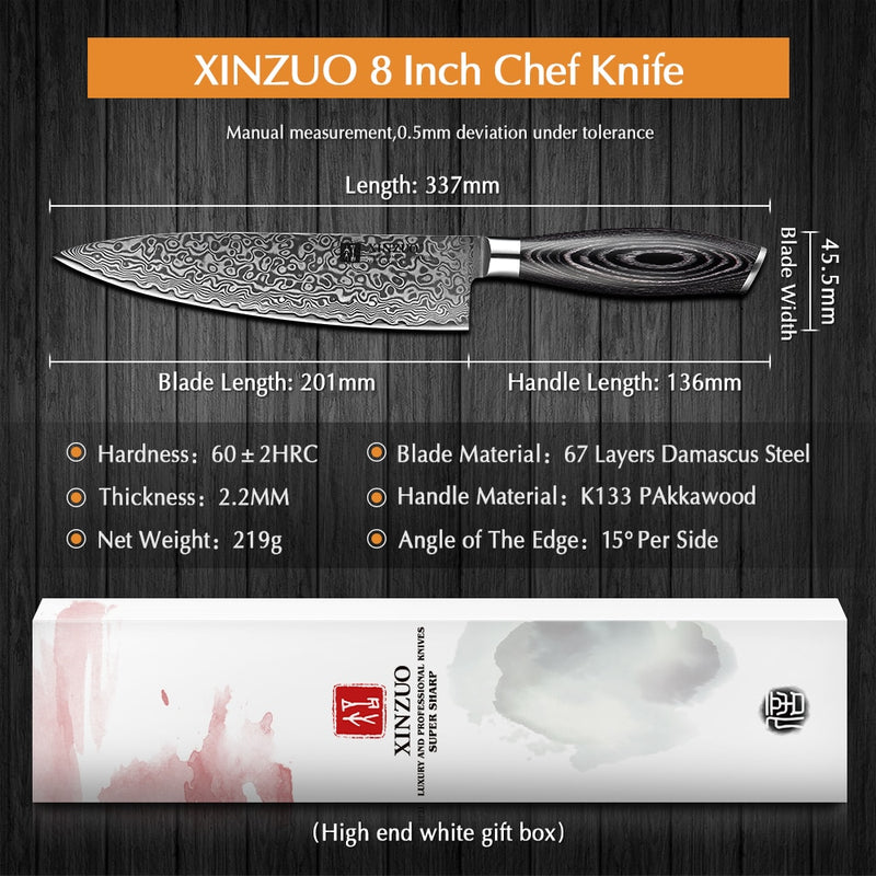 XINZUO 8'' Kochmesser Gyuto Messer Japanischer Stil VG10 Damaskus Küchenmesser Edelstahl Fleischermesser Pakkaholzgriff