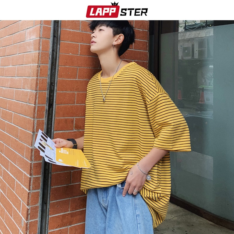 LAPPSTER Men Oversized Striped Tshirts 2022 Harajuku Cotton Tops Mens Colorful Yellow Tshirts Couple Streetwear T-shirts Tees