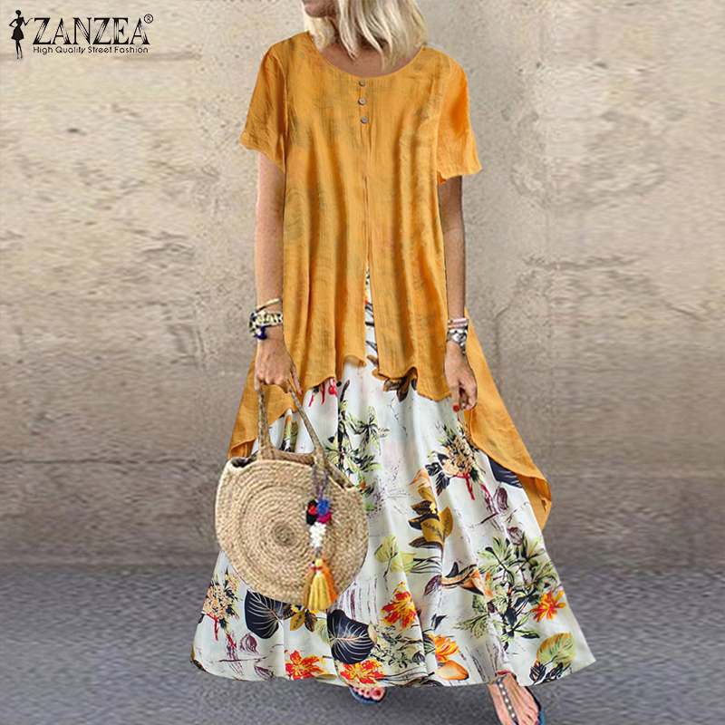 ZANZEA Sommer Kurzarm Kleid Damen Vintage Blumenmuster Pacthwork Langes Sommerkleid Casual Retro Party Vestido Femme Kleider