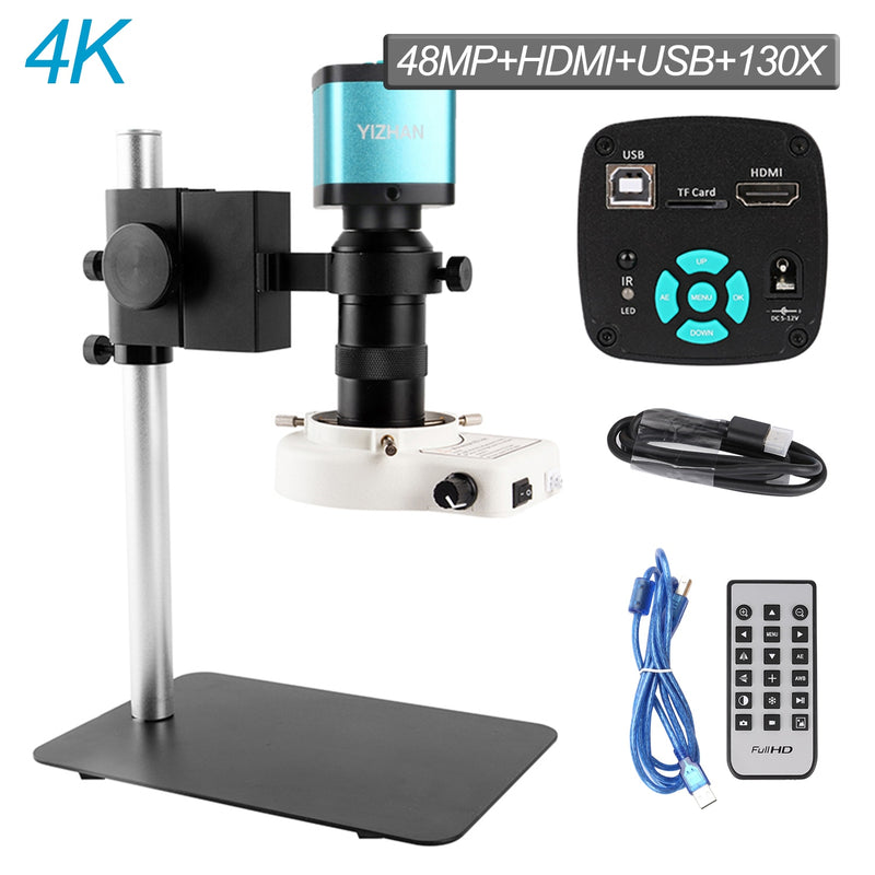 Cámara de microscopio HDMI HD 13MP 48MP USB 60FPS VGA Cámara de microscopio industrial 130X 180X C Lente de montaje 56 Lámpara de luz de anillo LED