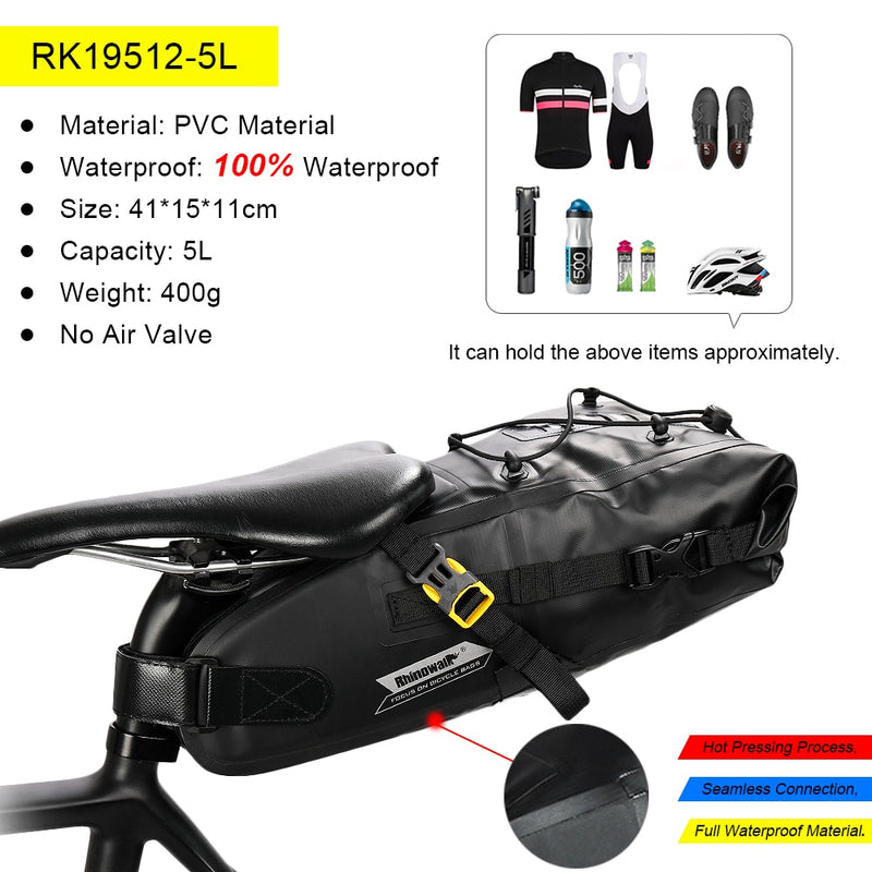 Rhinowalk Bike Waterproof Bicycle Saddle Bag Reflective Large Capacity Foldable Tail Rear Bag Cycling MTB Trunk Pannier Black