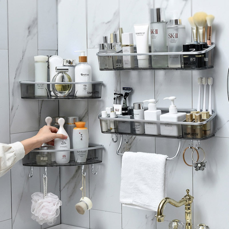 Estante de baño sin perforaciones, organizador de estante de almacenamiento de toallas cosméticas para champú, soporte de esquina de baño, artículos para el hogar, accesorios de baño