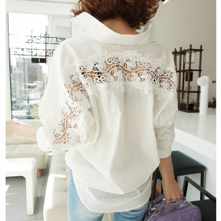 fashion women tops Summer 2022 backless sexy Hollow Out Lace Blouse Shirt Ladies casual Loose White office blouse women 1310 40