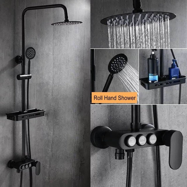 Black Rainfall Shower Faucets Set Wall Mounted Rain Shower Faucet Storage Bath Mixer Tap Hot Cold with Hand Shower EL3903