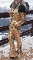 New Shiny Silver Gold One-Piece Ski Suit Women Winter Windproof Skiing Jumpsuit Snowboarding Suit Female Snow Costumes